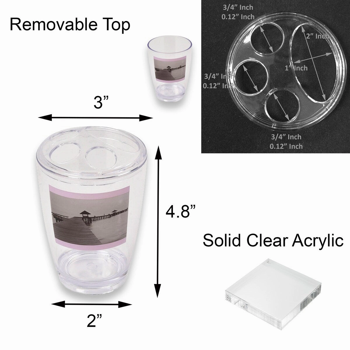 Seaside Clear Toothbrush Holder Stand for Bathroom Vanity Countertop - White,Gray,Pink - 3" L x 3" W x 4.8" H