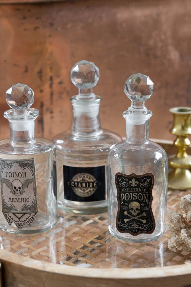 Set of 3 Apothecary-Style Poison Decanter Bottles