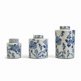 Set of 3 Porcelain Blue and White  Japanese Blossom Tea Jars With Crackle Finish vase,flower vase,home decoration