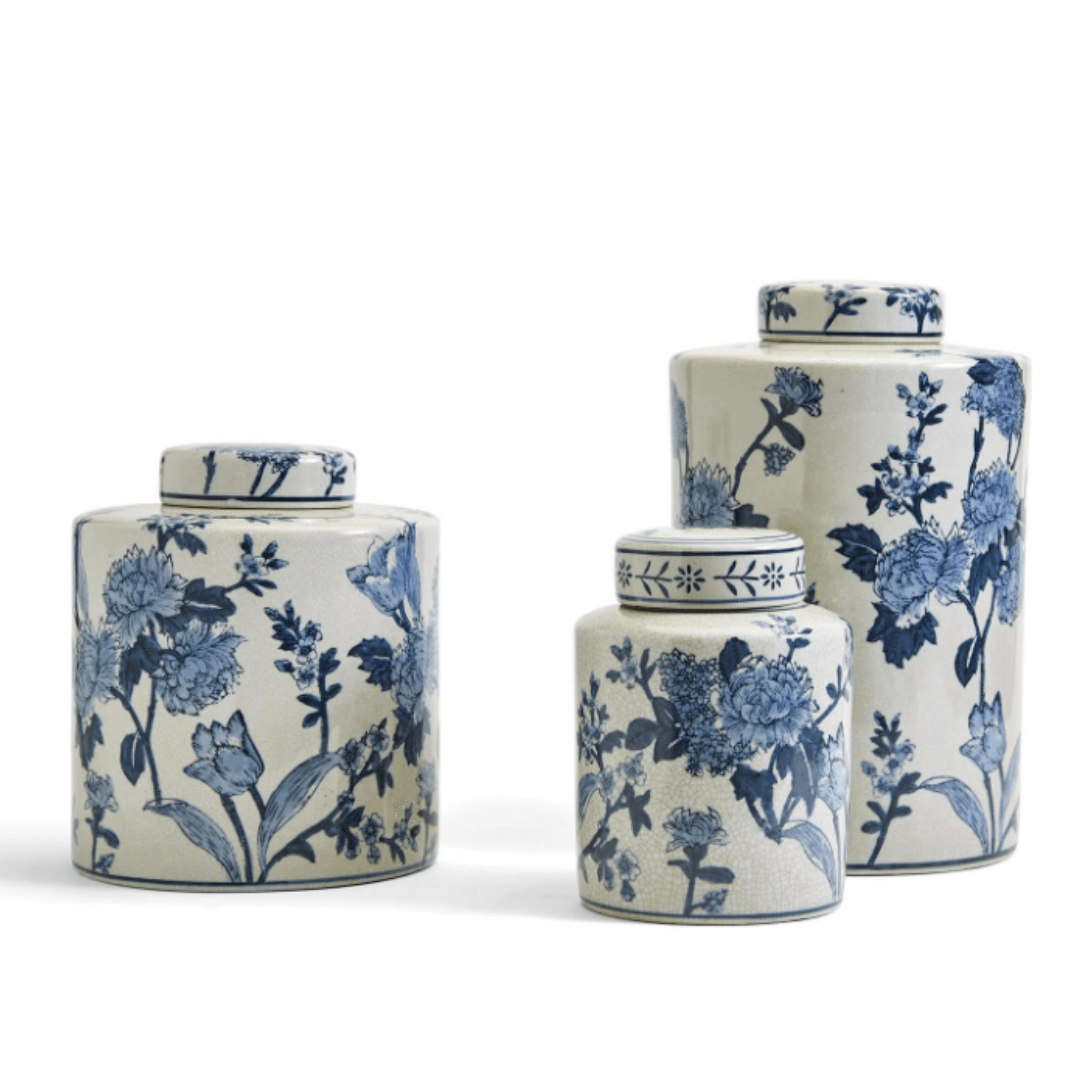 Set of 3 Porcelain Blue and White  Japanese Blossom Tea Jars With Crackle Finish