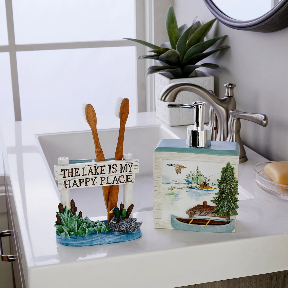SKL Home Lake House Toothbrush Holder - Teal - 4.56x2.57x4.17