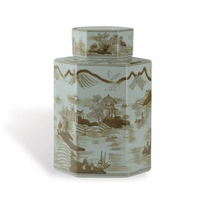 Small Brown on White Porcelain Tea Jar with Asian Pastoral Scene vase,flower vase,home decoration