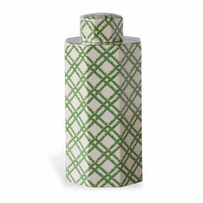 Small Green on Cream Porcelain Tea Jar with Bamboo Trellis Design vase,flower vase,home decoration