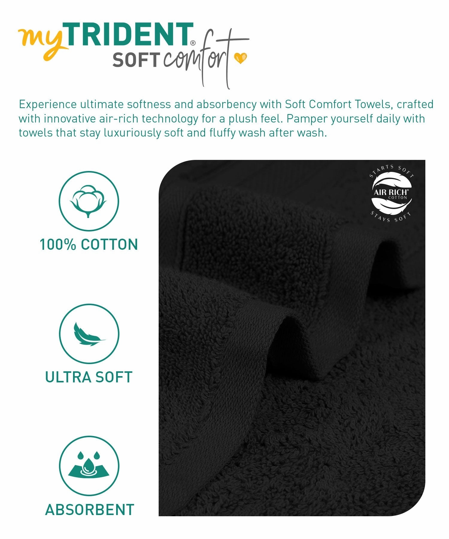 Soft Comfort, 3Pc Set,Air Rich Technology Towel Set ,509 GSM,Black