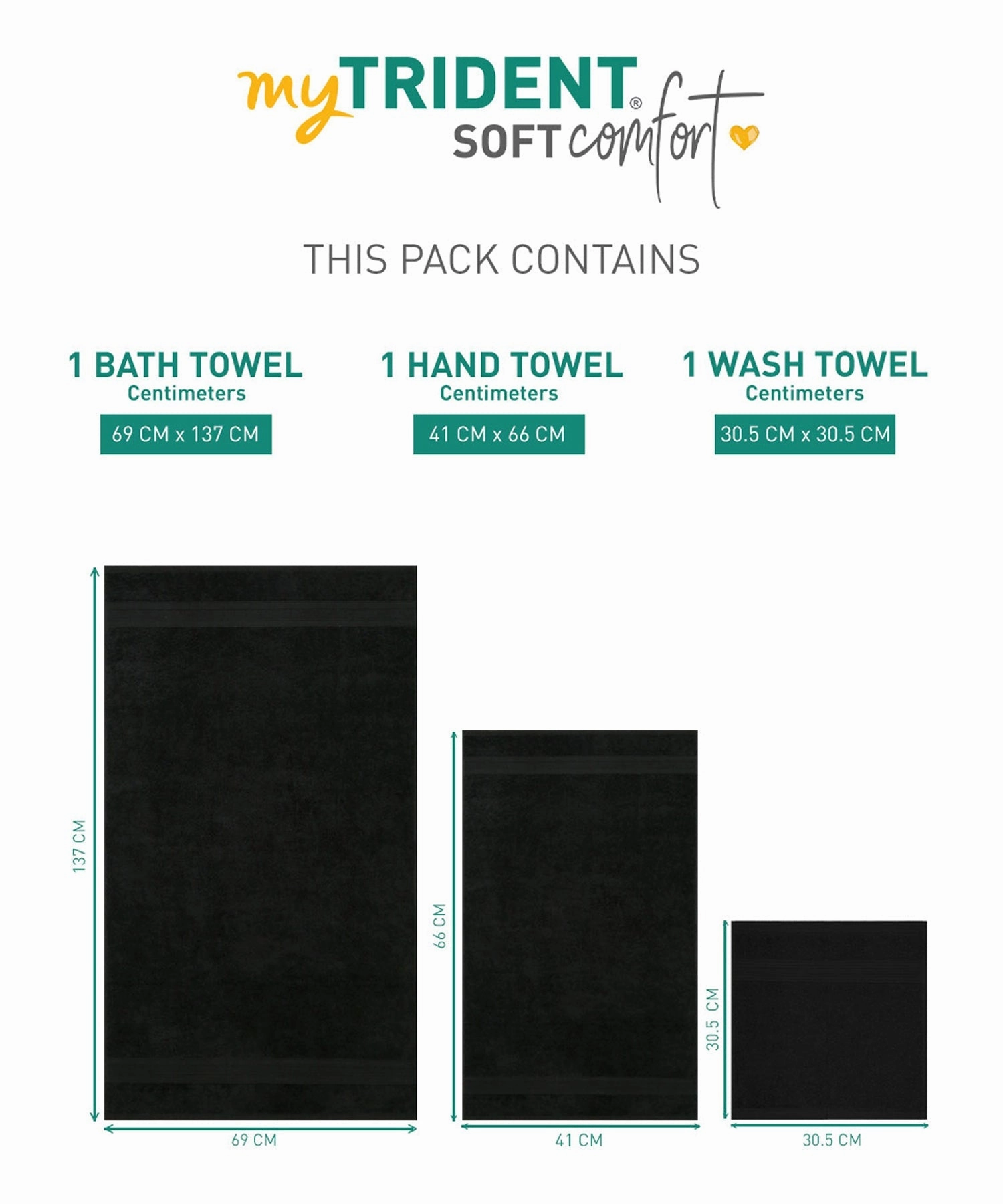 Soft Comfort, 3Pc Set,Air Rich Technology Towel Set ,509 GSM,Black