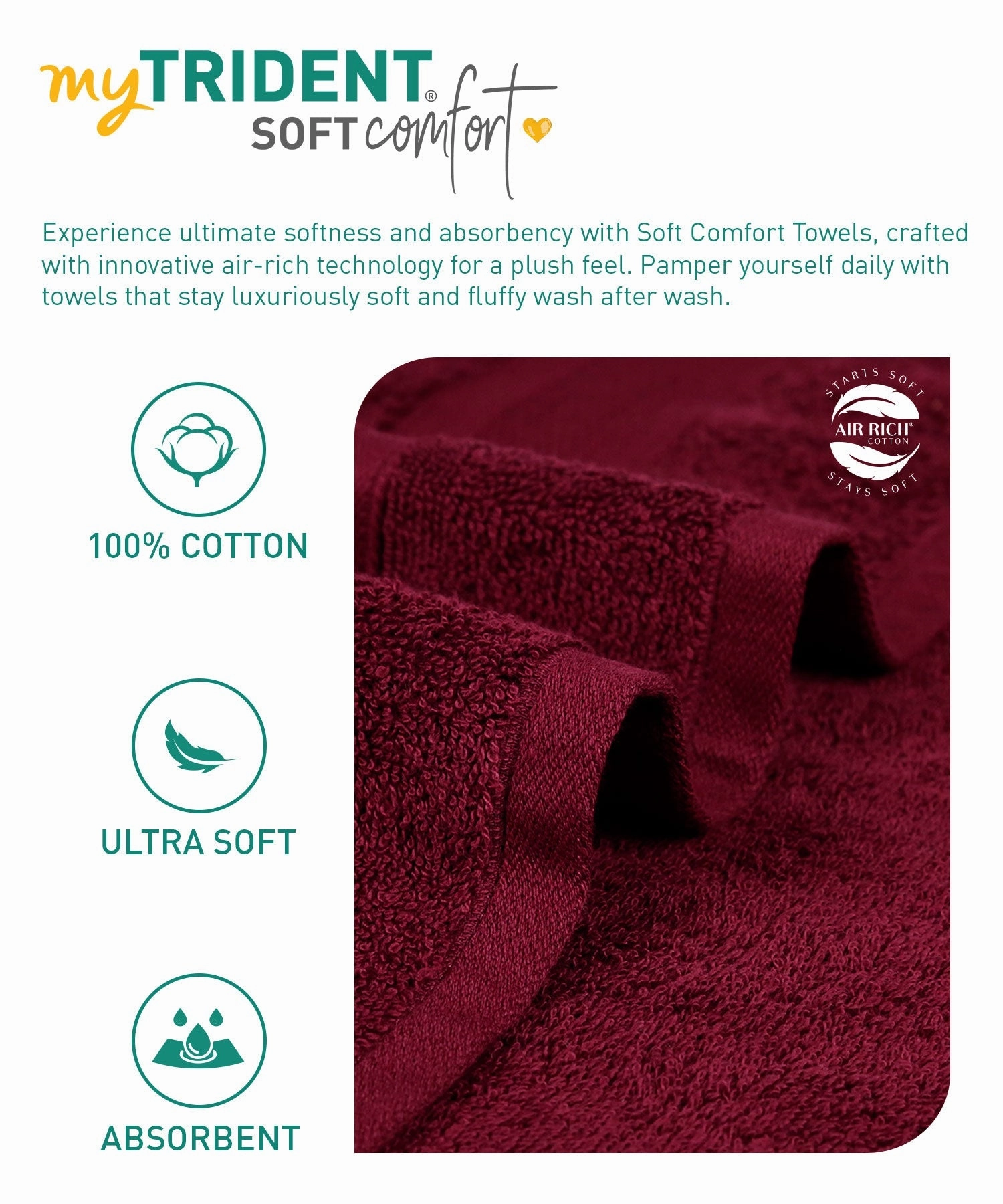 Soft Comfort, 3Pc Set,Air Rich Technology Towel Set ,509 GSM,Red Wine