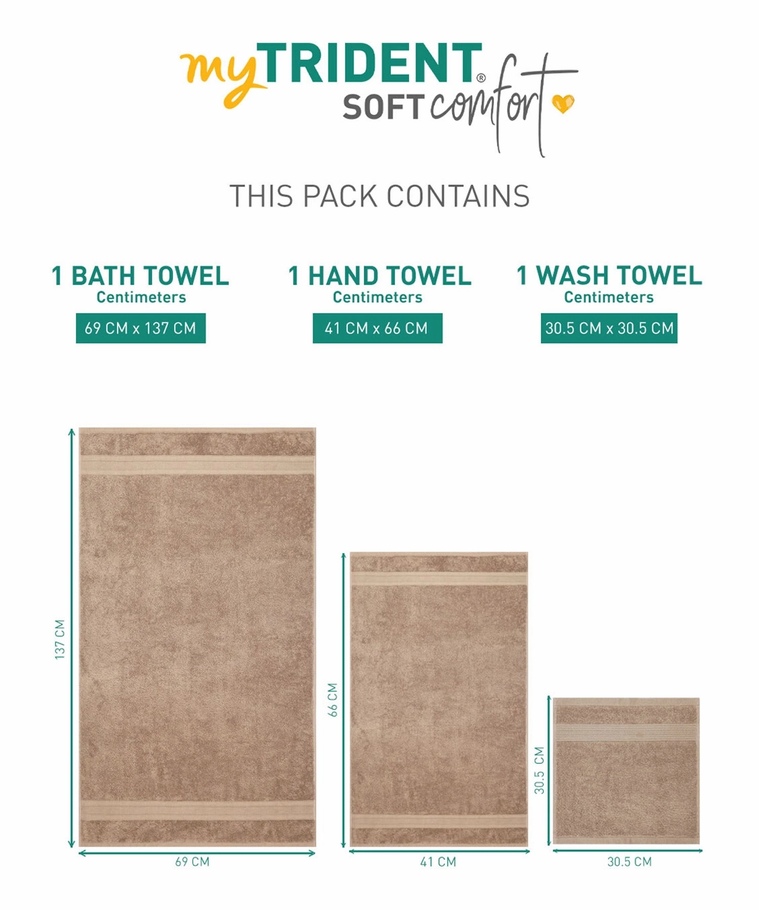 Soft Comfort, 3Pc Set,Air Rich Technology Towel Set , 509 GSM,Acorn