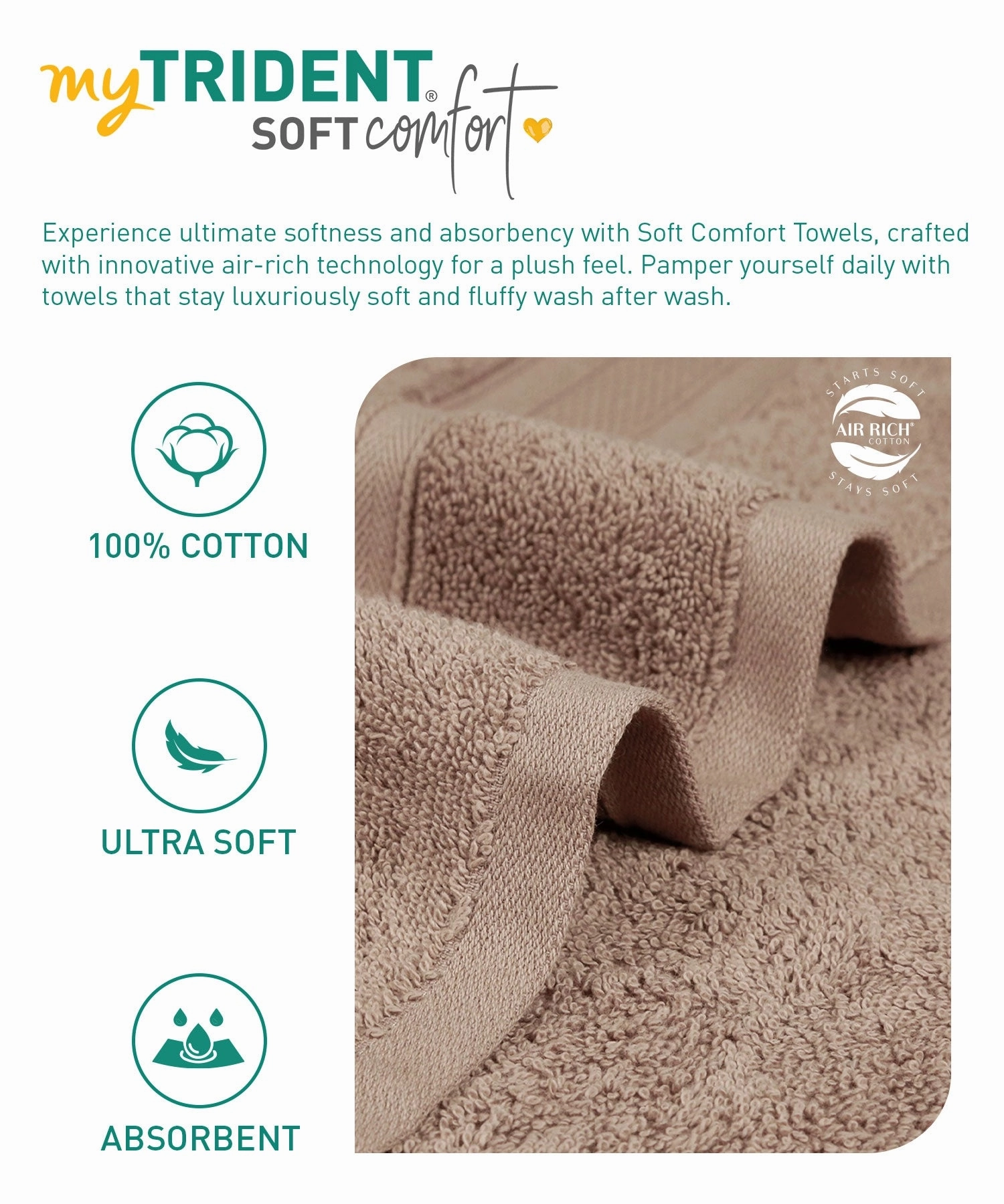 Soft Comfort, 3Pc Set,Air Rich Technology Towel Set , 509 GSM,Acorn