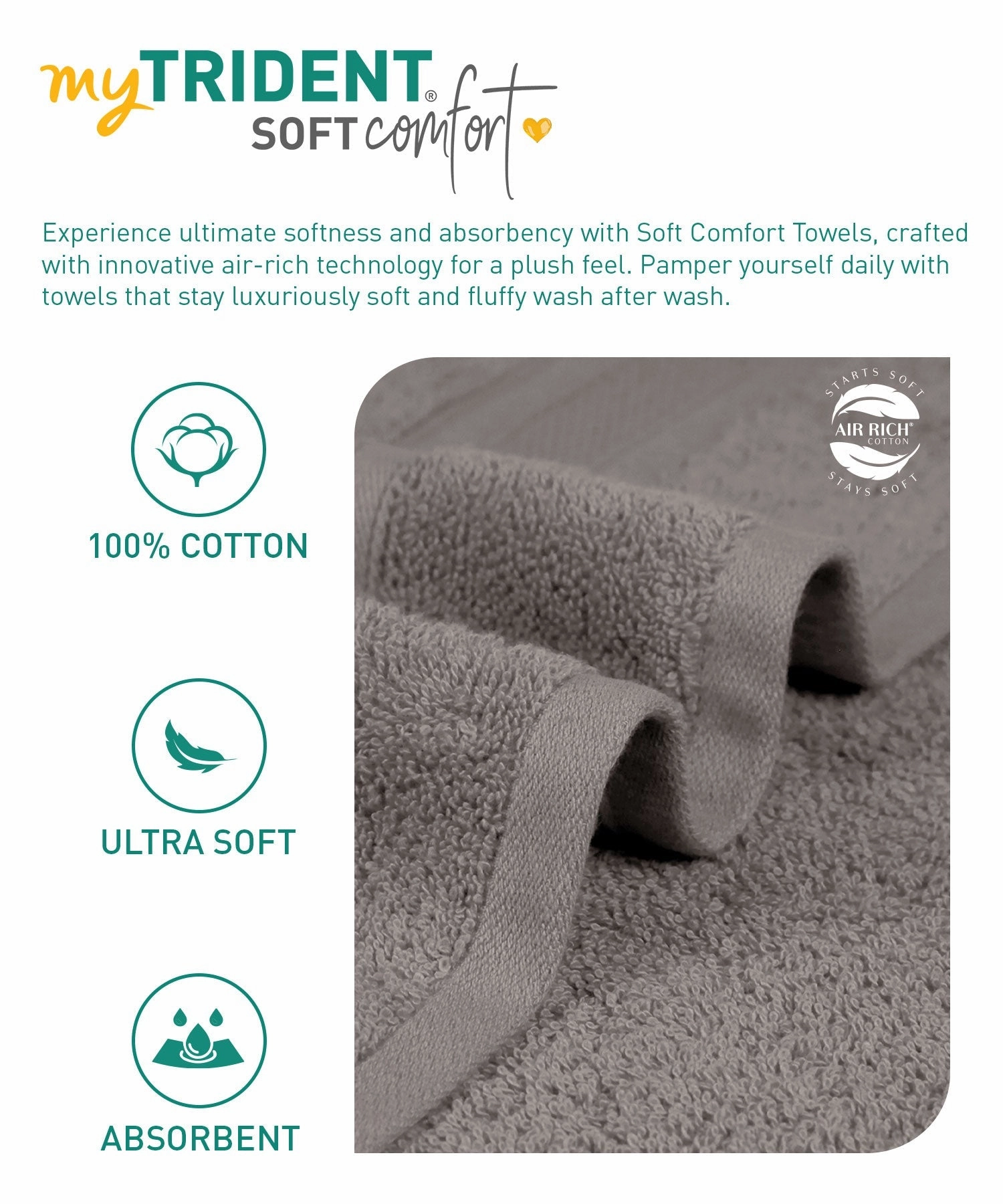 Soft Comfort, 3Pc Set,Air Rich Technology Towel Set , 509 GSM,Charcoal