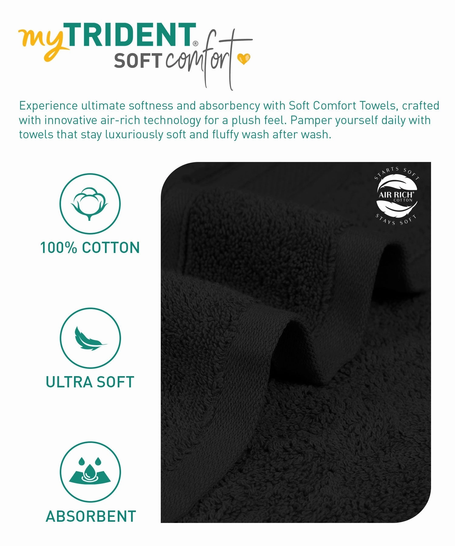 Soft Comfort, 6Pc Set,Air Rich Technology Towel Set ,509 GSM,Black