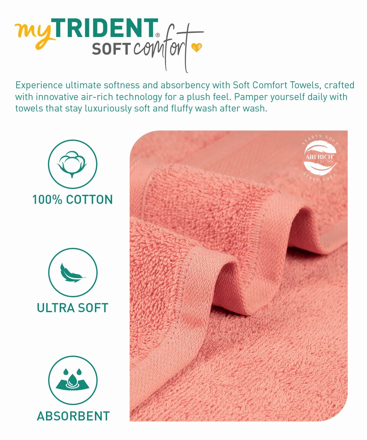 Soft Comfort, 6Pc Set,Air Rich Technology Towel Set ,509 GSM,Coral Haze