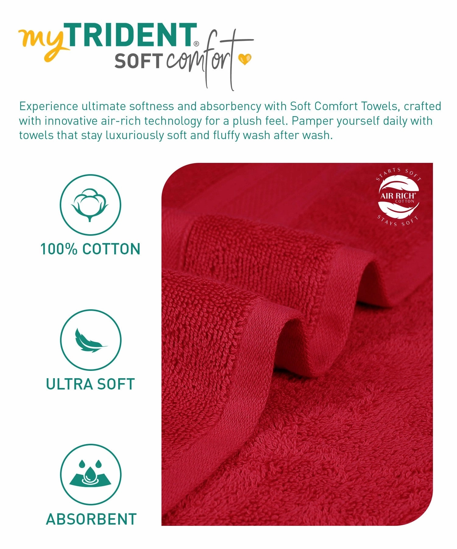 Soft Comfort, 6Pc Set,Air Rich Technology Towel Set ,509 GSM,Crimson Red