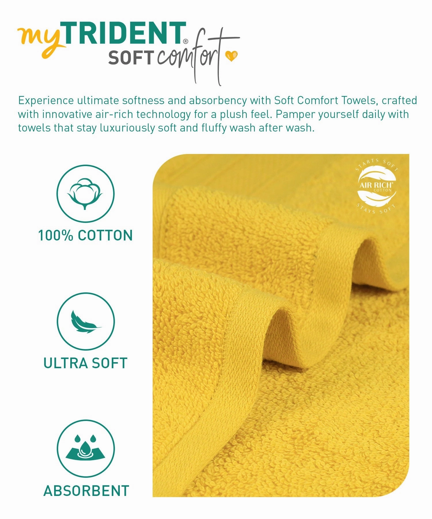 Soft Comfort, 6Pc Set,Air Rich Technology Towel Set ,509 GSM,Mustard Yellow