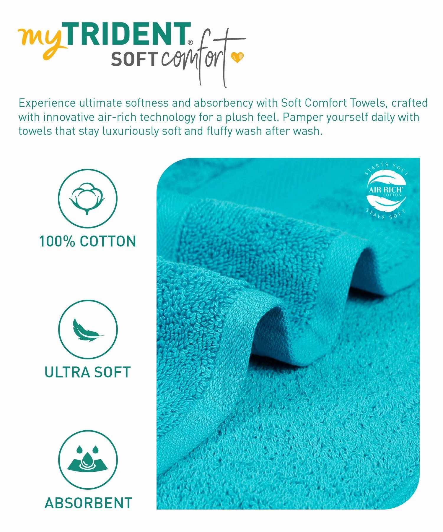 Soft Comfort, 6Pc Set,Air Rich Technology Towel Set ,509 GSM,Teal