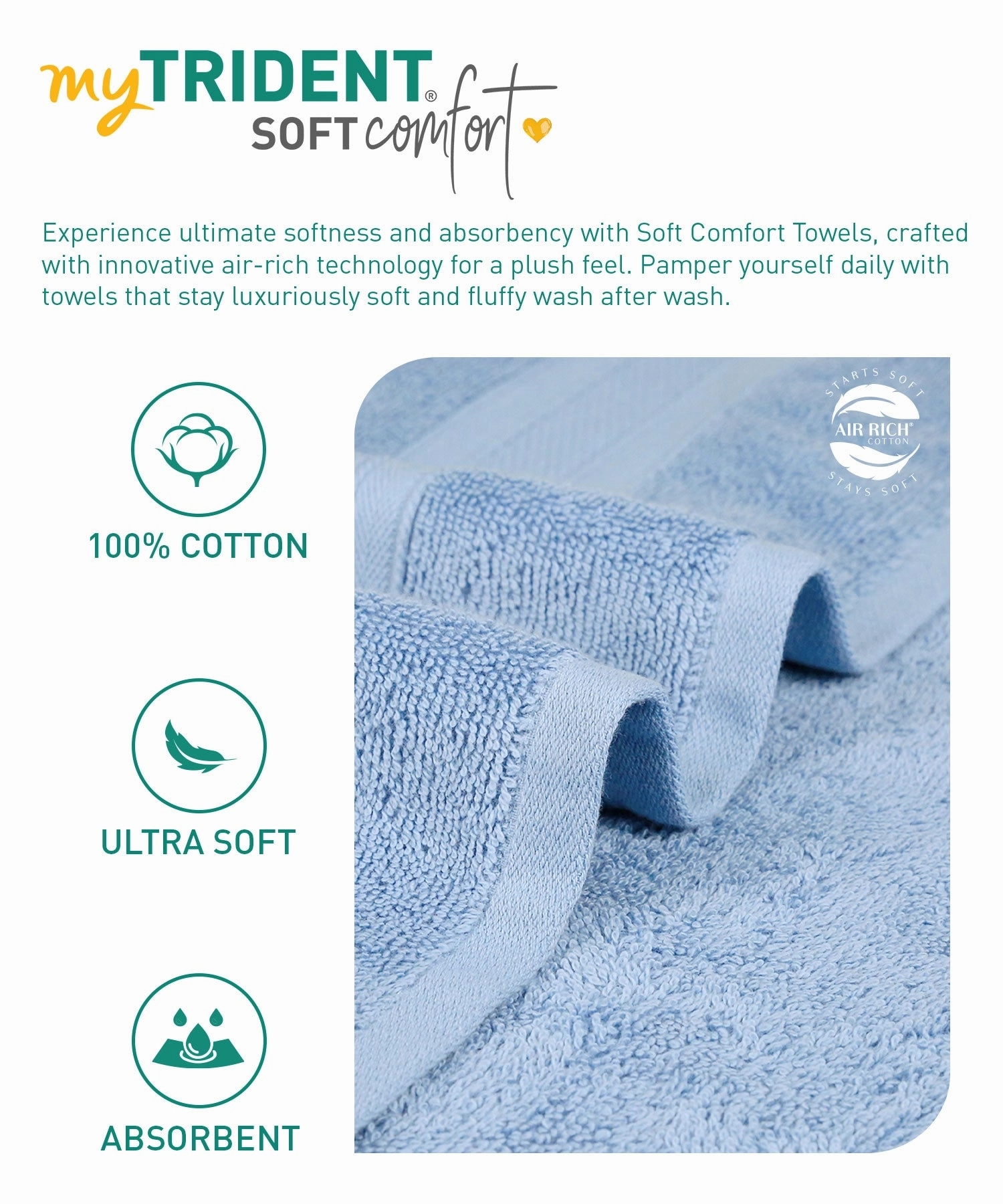 Soft Comfort, 6Pc Set,Air Rich Technology Towel Set , 509 GSM,Allure