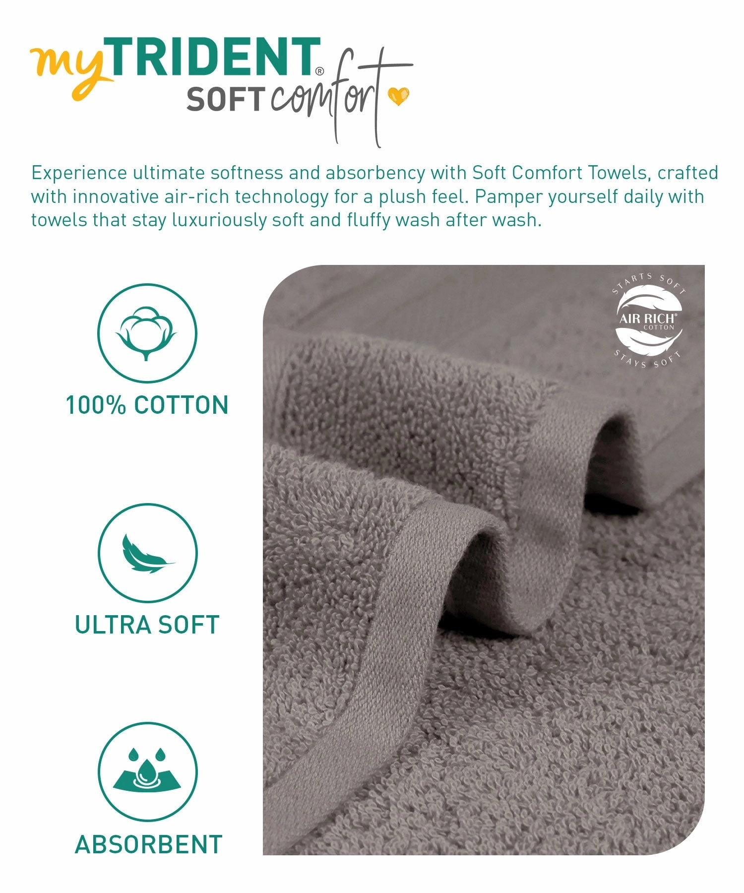 Soft Comfort, 6Pc Set,Air Rich Technology Towel Set , 509 GSM,Charcoal