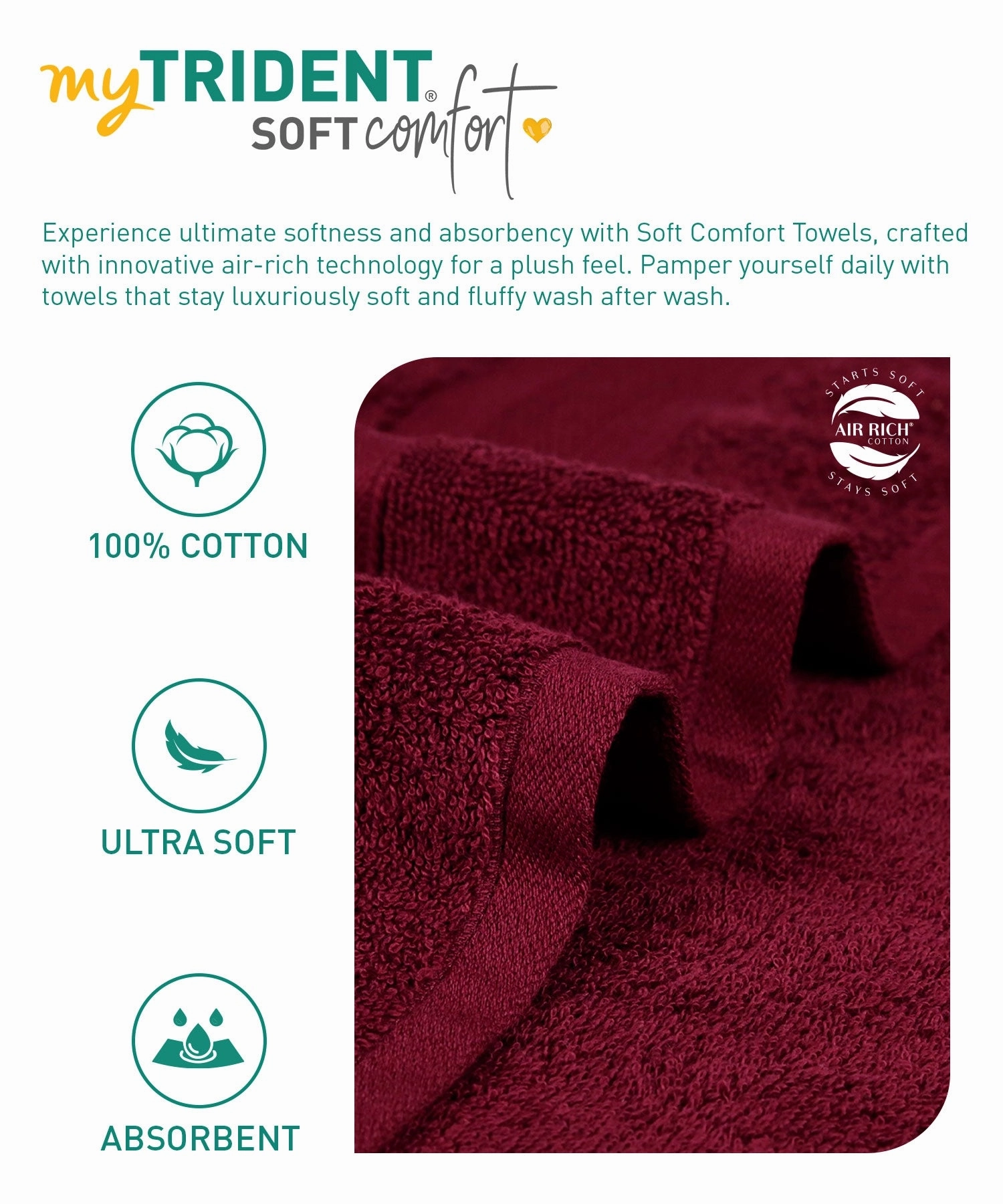 Soft Comfort, 6Pc Set,Air Rich Technology Towel Set , 509 GSM,Red Wine