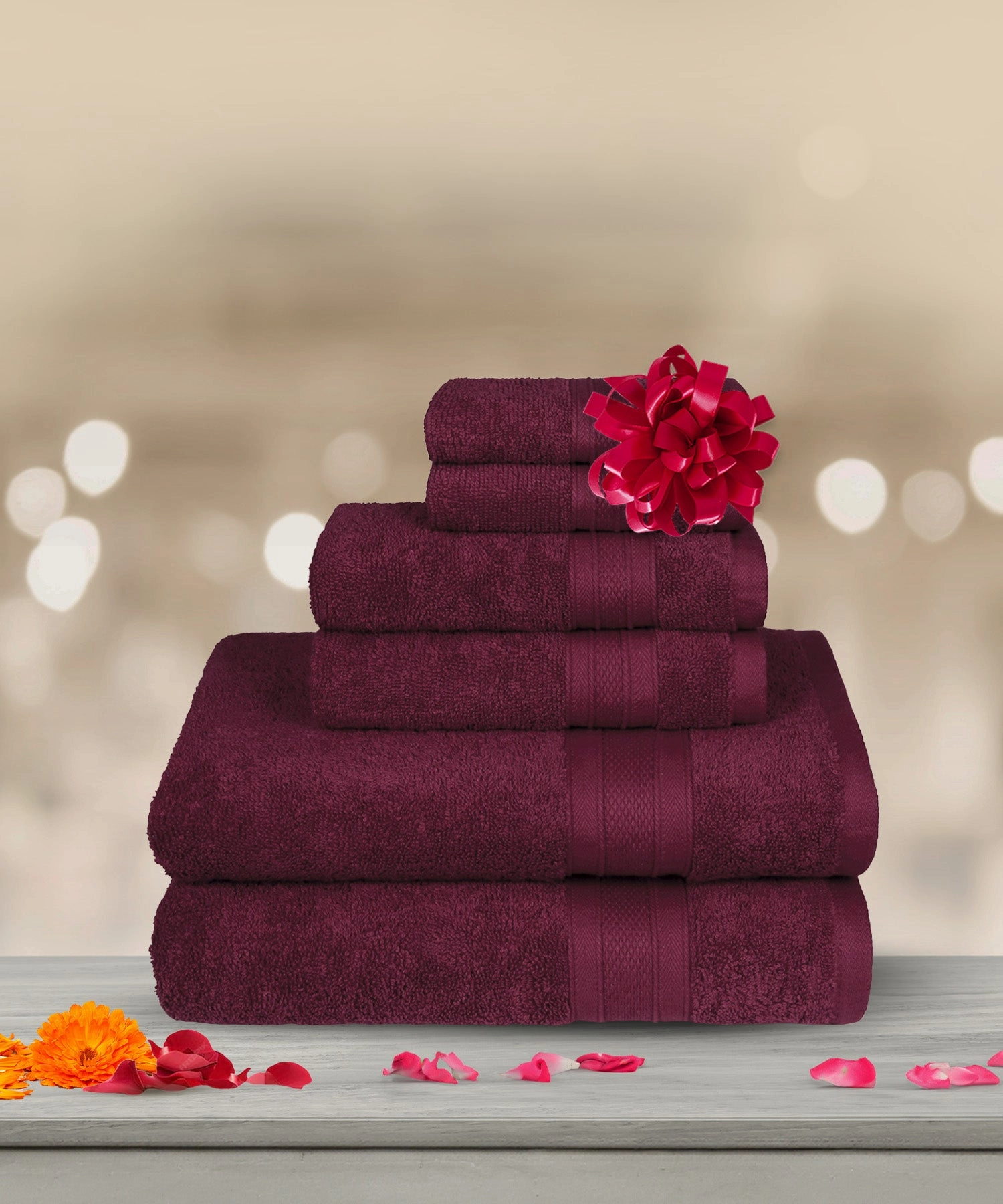 Soft Comfort, 6Pc Set,Air Rich Technology Towel Set , 509 GSM,Red Wine