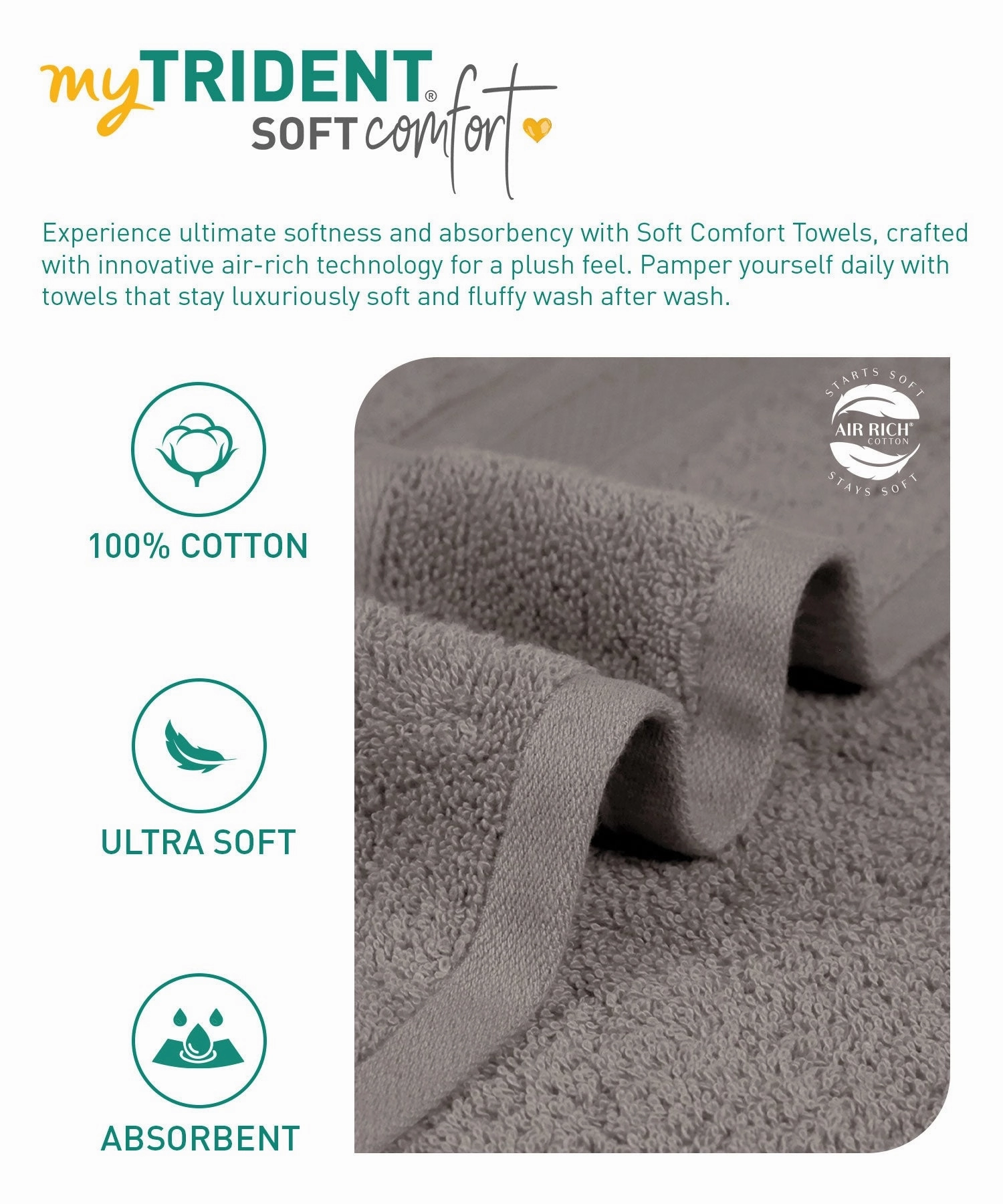 Soft Comfort Air Rich Technology Bath Towel, 100% Cotton, 509 GSM, Charcoal