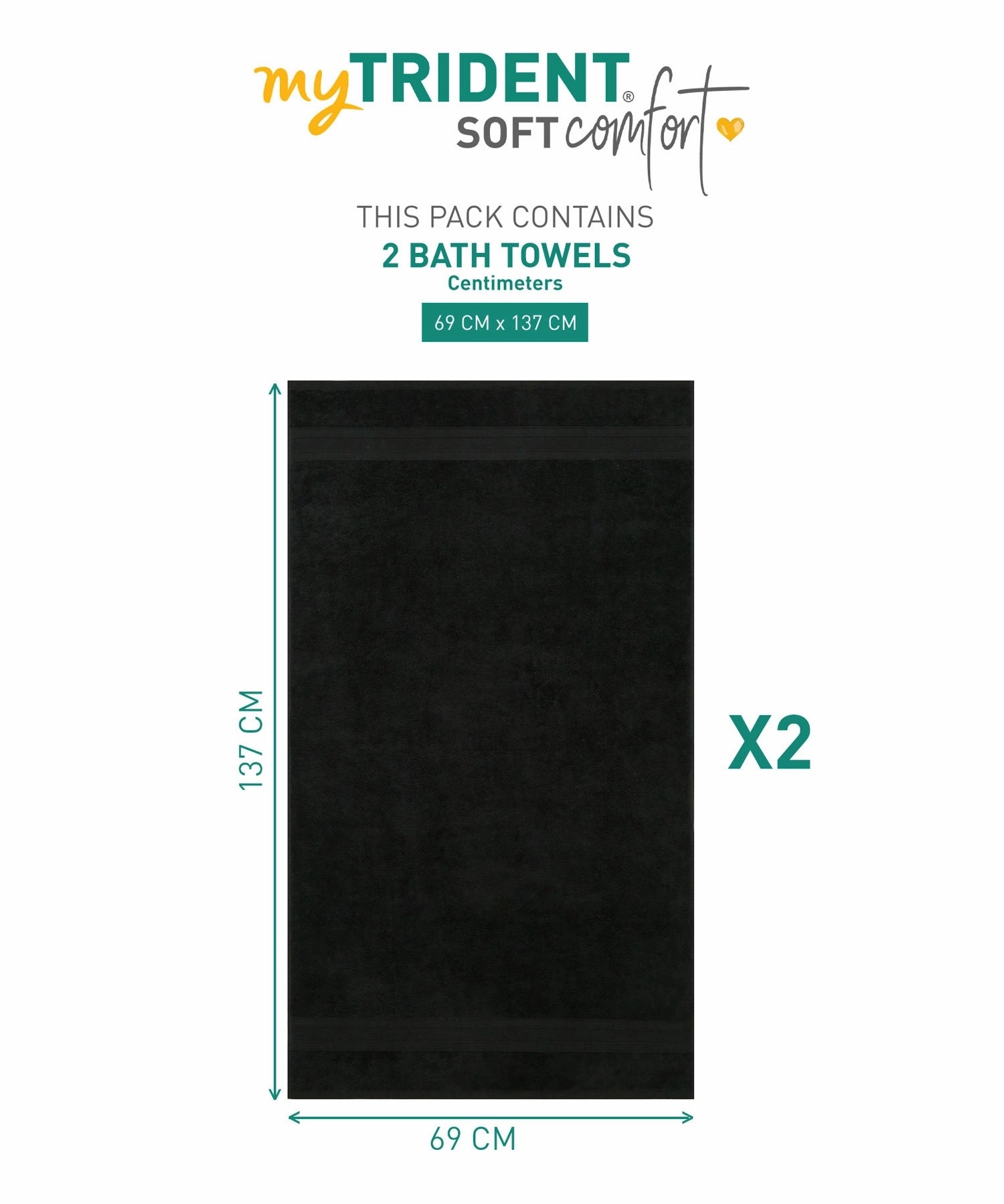 Soft Comfort Black Air Rich Technology 2Pc Bath Towel, 100% Cotton, 509 GSM, Black