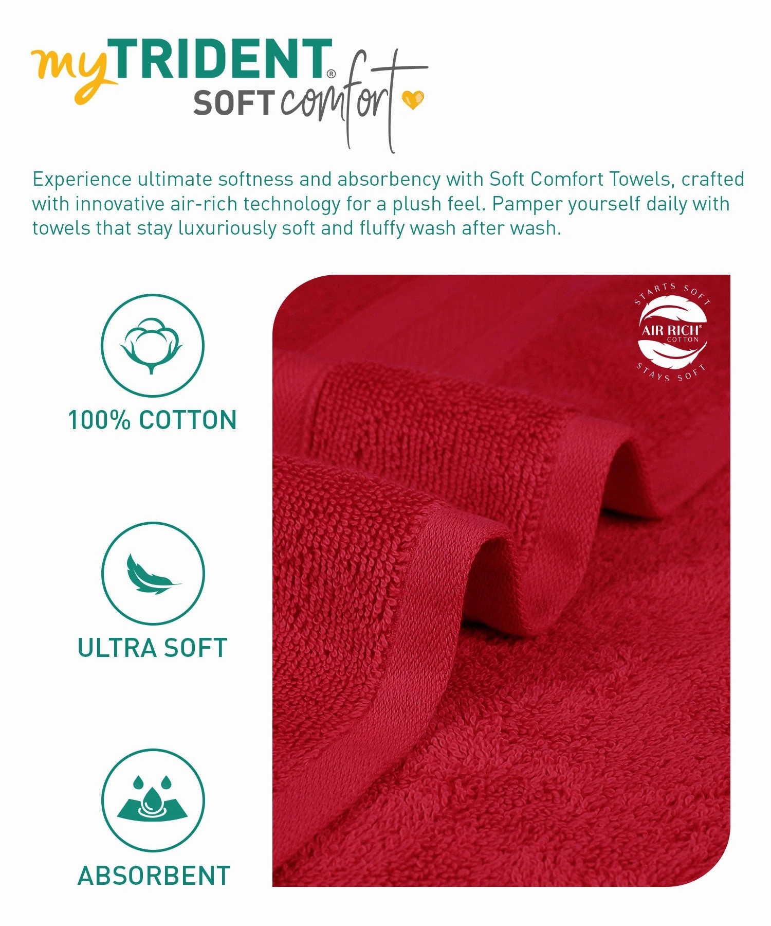 Soft Comfort Crimson Air Rich Technology 2Pc Bath Towel, 100% Cotton, 509 GSM, Red