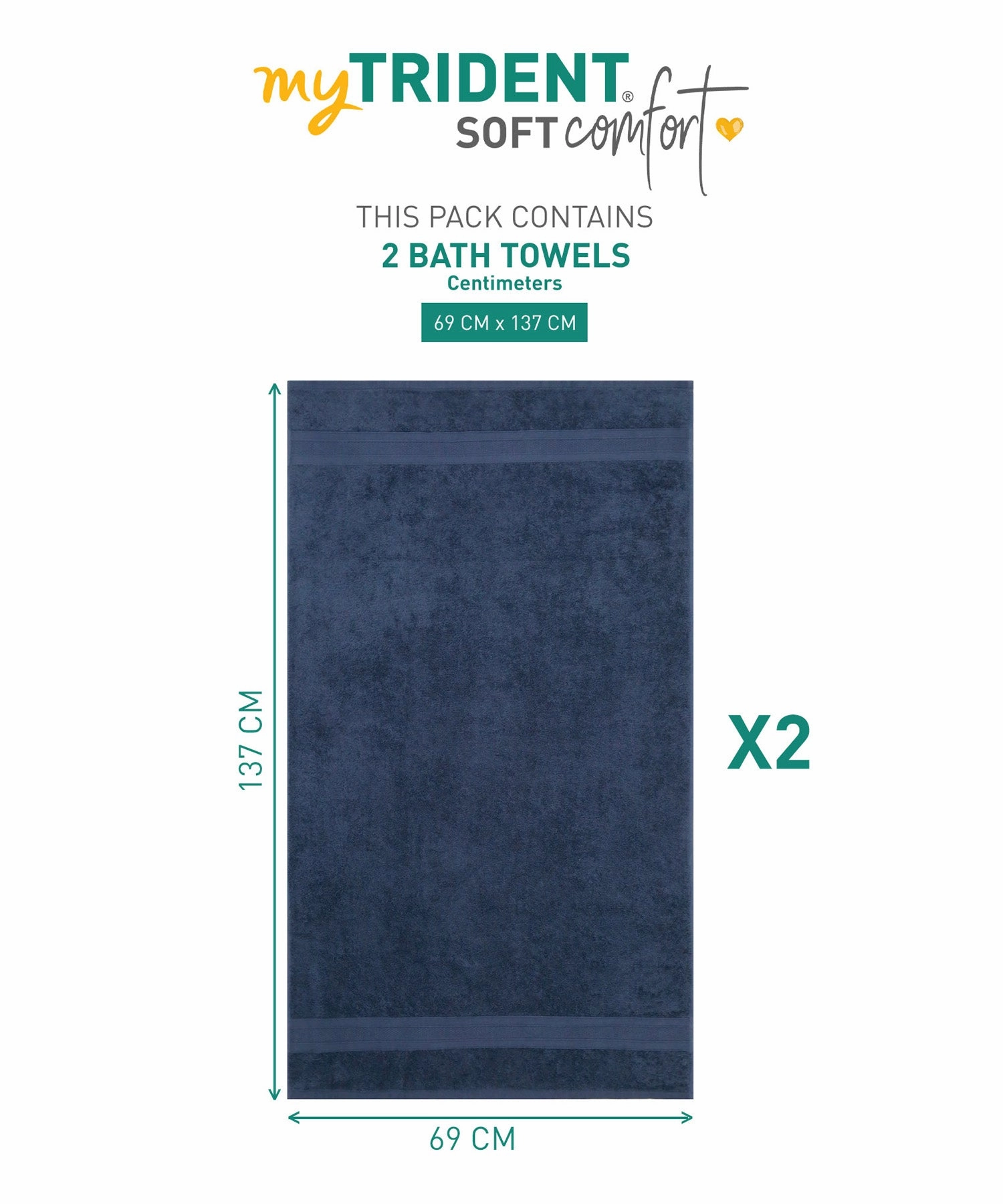 Soft Comfort Navy Air Rich Technology 2Pc Bath Towel, 100% Cotton, 509 GSM, Blue