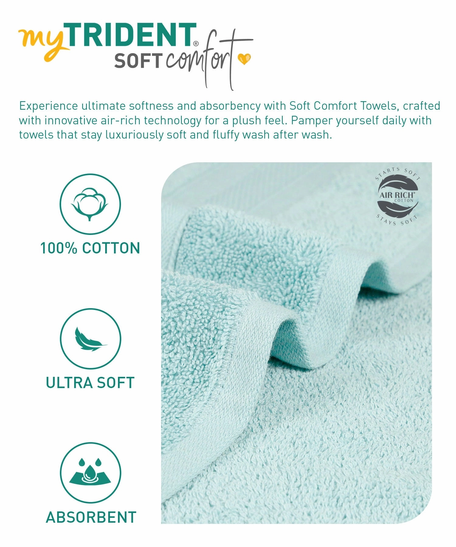 Soft Comfort Nile Blue Air Rich Technology Bath Towel, 100% Cotton, 509 GSM, Blue