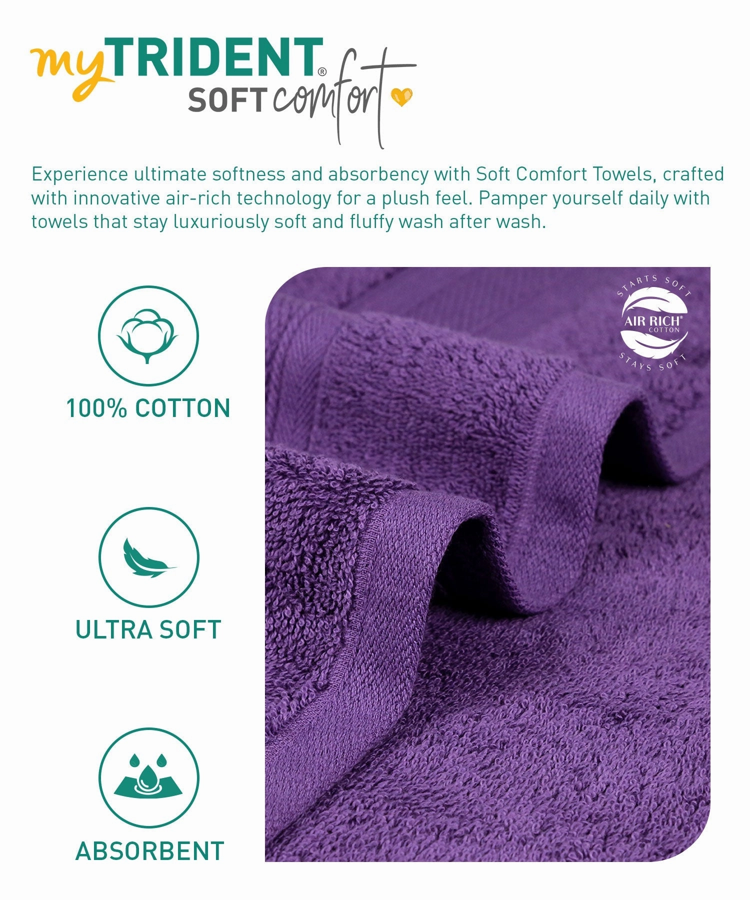 Soft Comfort Plum Air Rich Technology 2Pc Bath Towel, 100% Cotton, 509 GSM, Purple