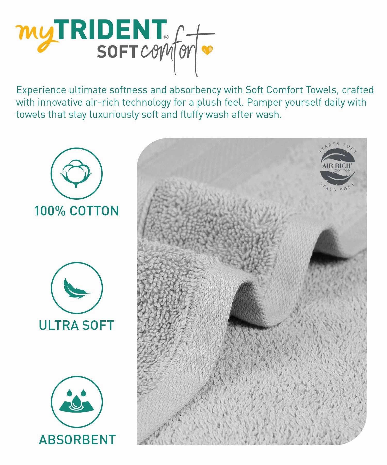 Soft Comfort Silver Air Rich Technology 4Pc Bath Towel, 100% Cotton, 509 GSM, Grey