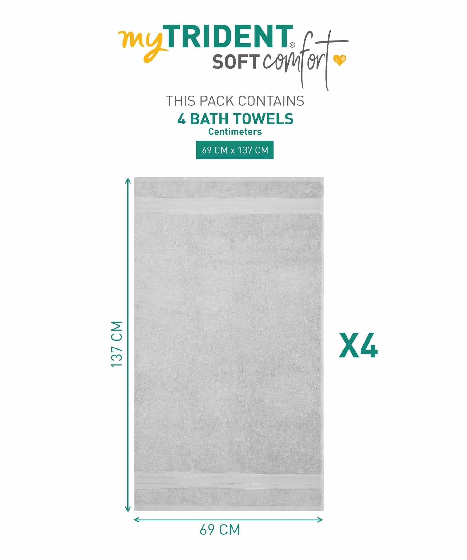 Soft Comfort Silver Air Rich Technology 4Pc Bath Towel, 100% Cotton, 509 GSM, Grey