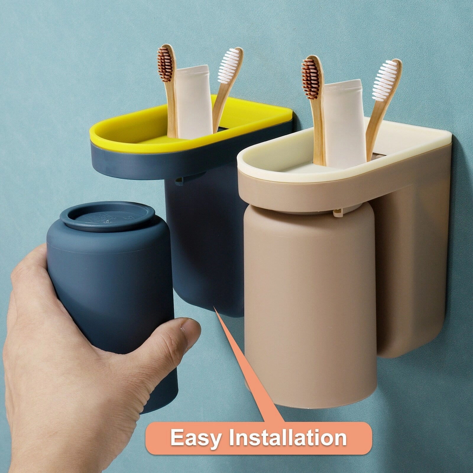 Stick-on Toothbrush Holder with Cup for Bathroom