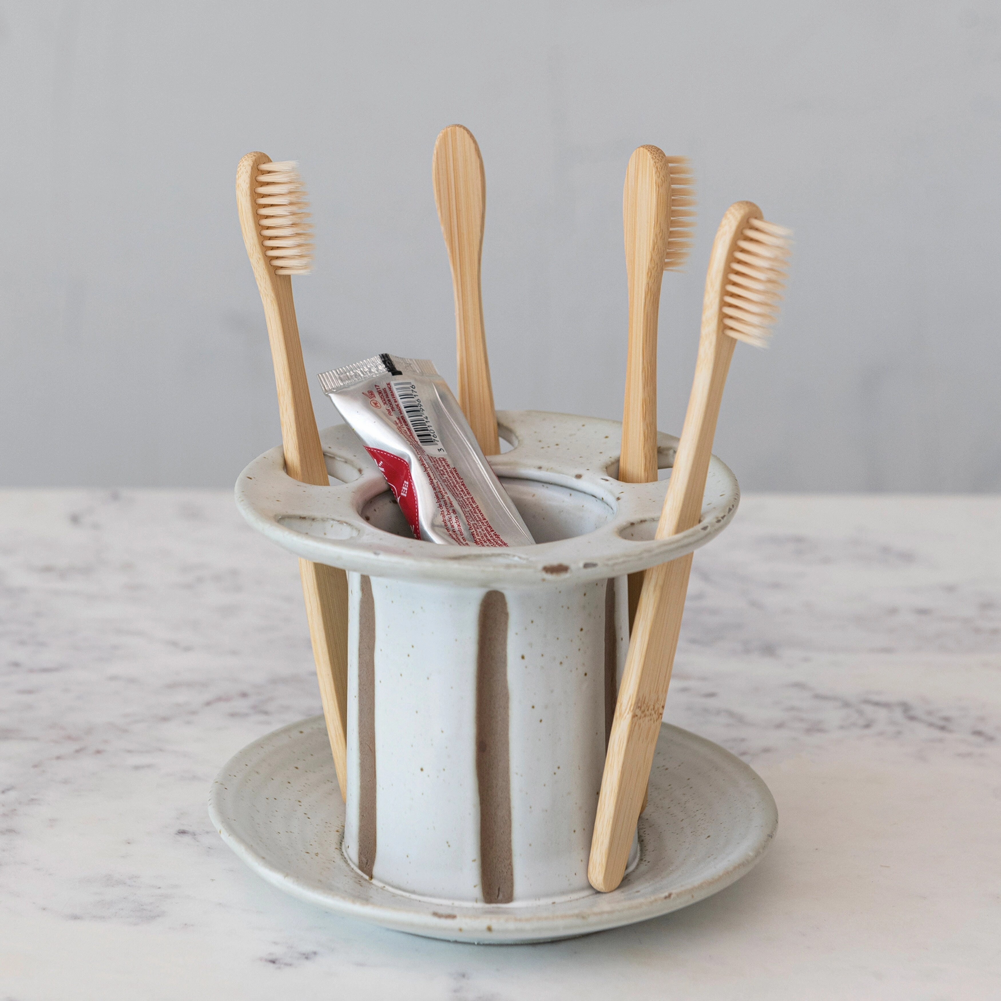 Stoneware Toothbrush Holder with Stripe Design - White - 5.5"L x 5.5"W x 4.0"H