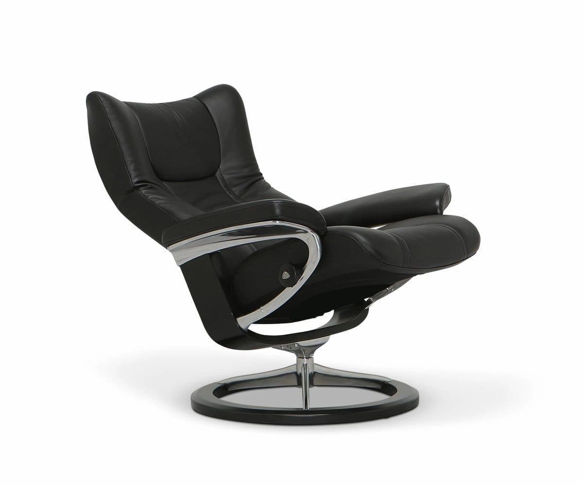Stressless Wing Recliner & Ottoman with Signature Base - Black