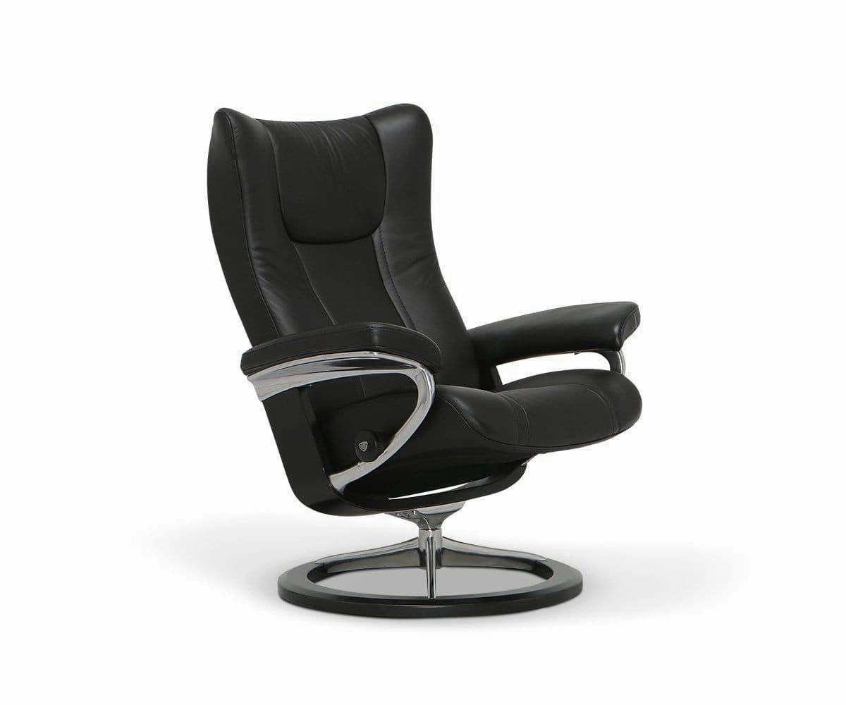 Stressless Wing Recliner & Ottoman with Signature Base - Black