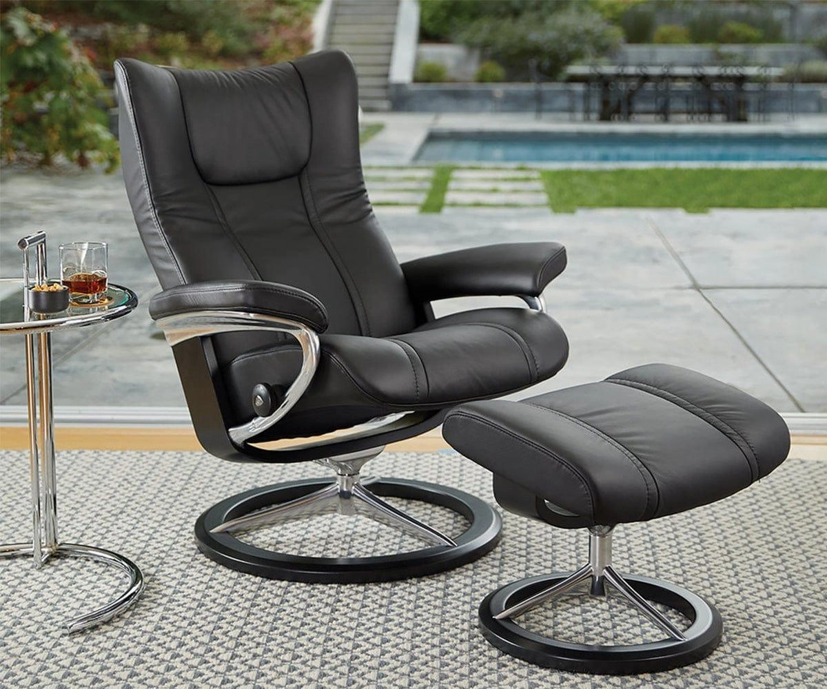 Stressless Wing Recliner & Ottoman with Signature Base - Black