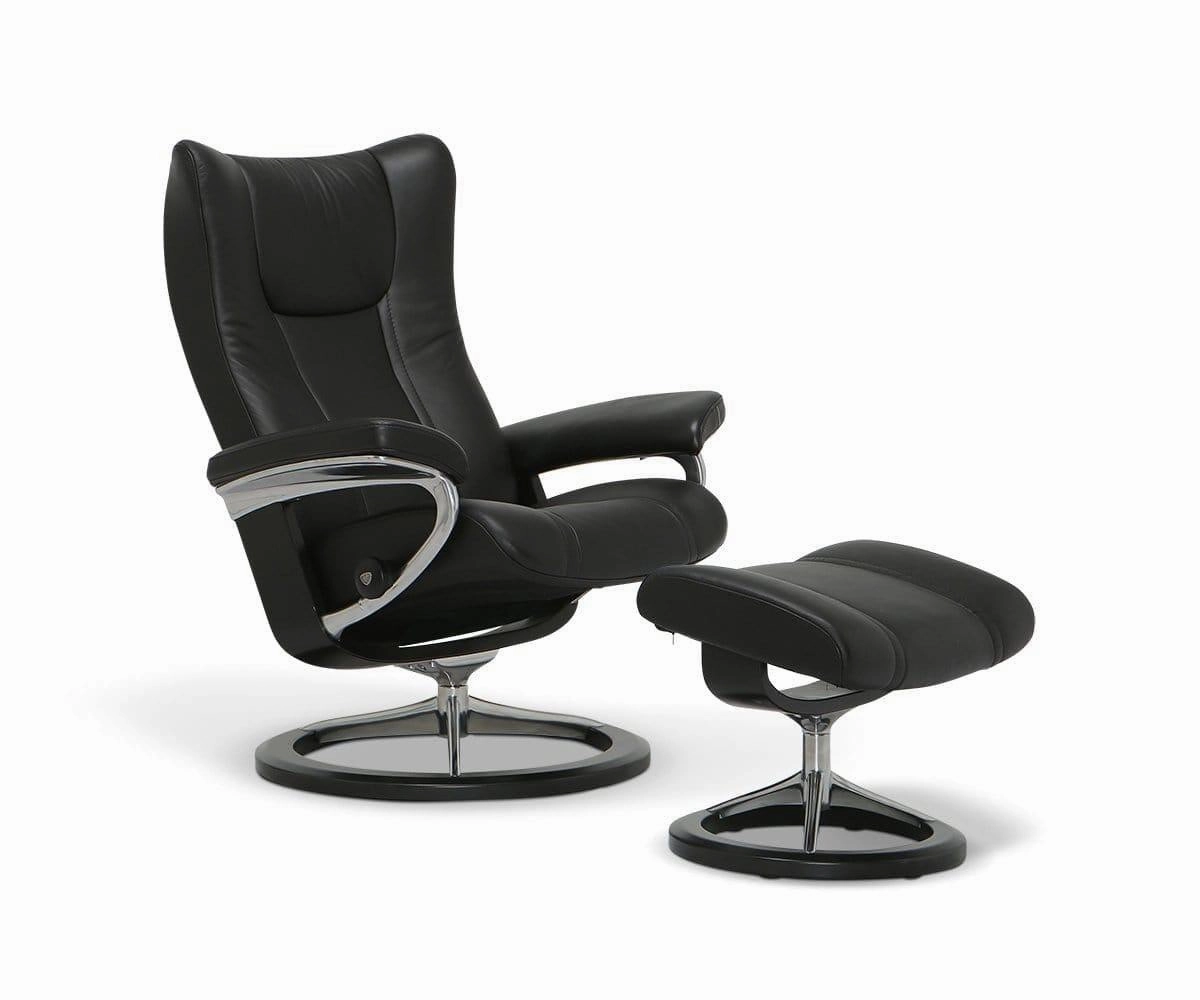 Stressless Wing Recliner & Ottoman with Signature Base - Black sofa,couch,living room furniture