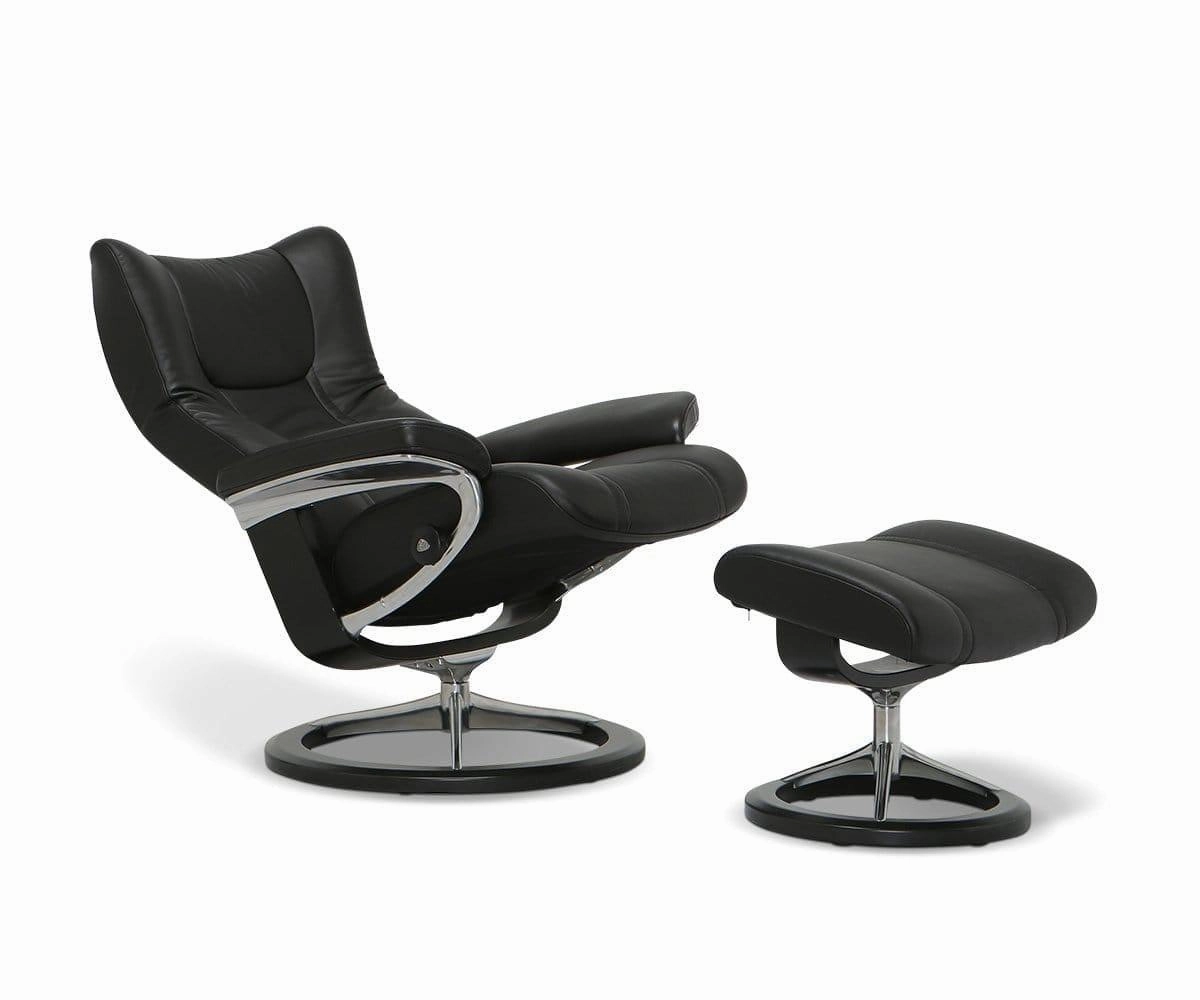 Stressless Wing Recliner & Ottoman with Signature Base - Black