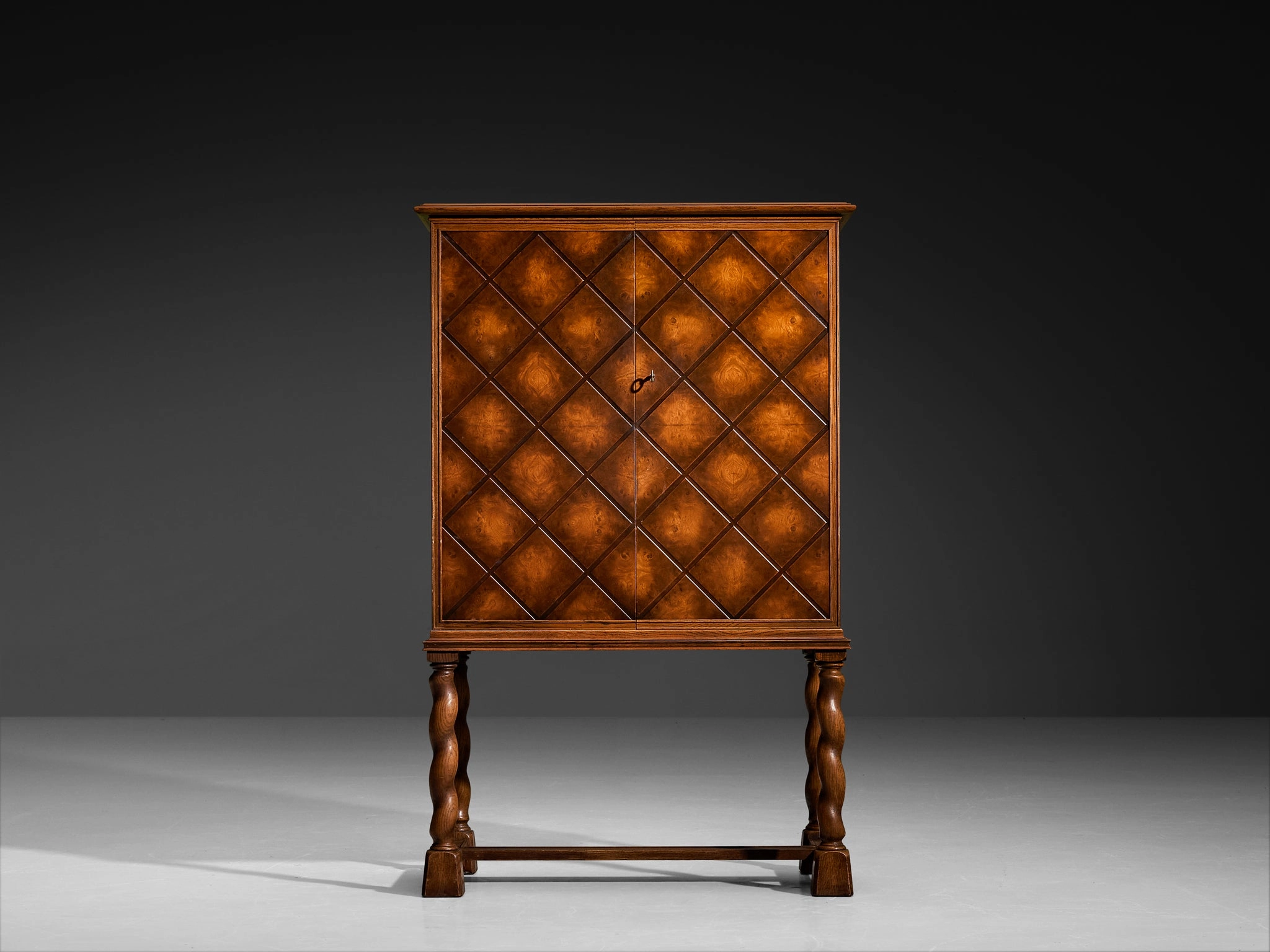 Swedish Art Deco High-Legged Cabinet with Carved Doors in Oak
