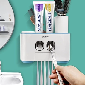 Toothbrush Holder Wall Mounted,Multi-Functional Toothbrush and Toothpaste Dispenser for Bathroom - Blue toothbrush holder,bathroom cup,bathroom organizer
