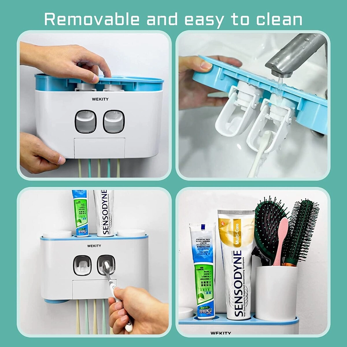 Toothbrush Holder Wall Mounted,Multi-Functional Toothbrush and Toothpaste Dispenser for Bathroom - Blue