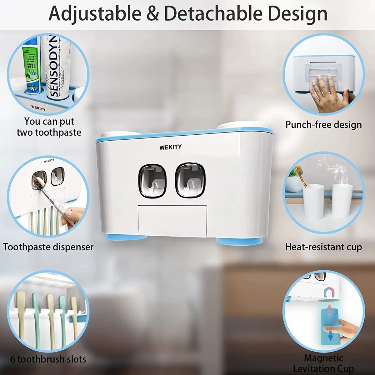 Toothbrush Holder Wall Mounted,Multi-Functional Toothbrush and Toothpaste Dispenser for Bathroom - Blue