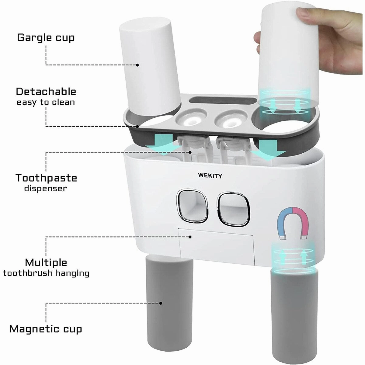 Toothbrush Holder Wall Mounted With 5 Toothbrush Slots, 2 Toothpaste Squeezers and 4 Cups(Grey) - Grey