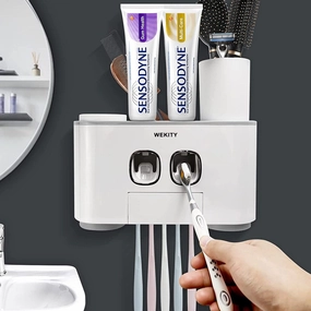 Toothbrush Holder Wall Mounted With 5 Toothbrush Slots, 2 Toothpaste Squeezers and 4 Cups(Grey) - Grey toothbrush holder,bathroom cup,bathroom organizer