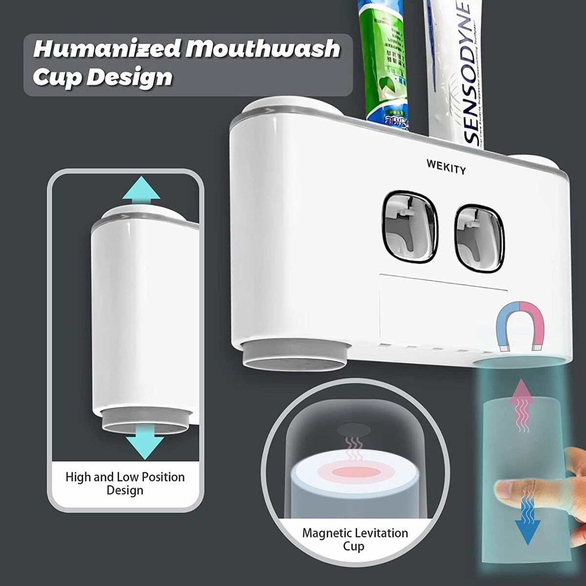 Toothbrush Holder Wall Mounted With 5 Toothbrush Slots, 2 Toothpaste Squeezers and 4 Cups(Grey) - Grey