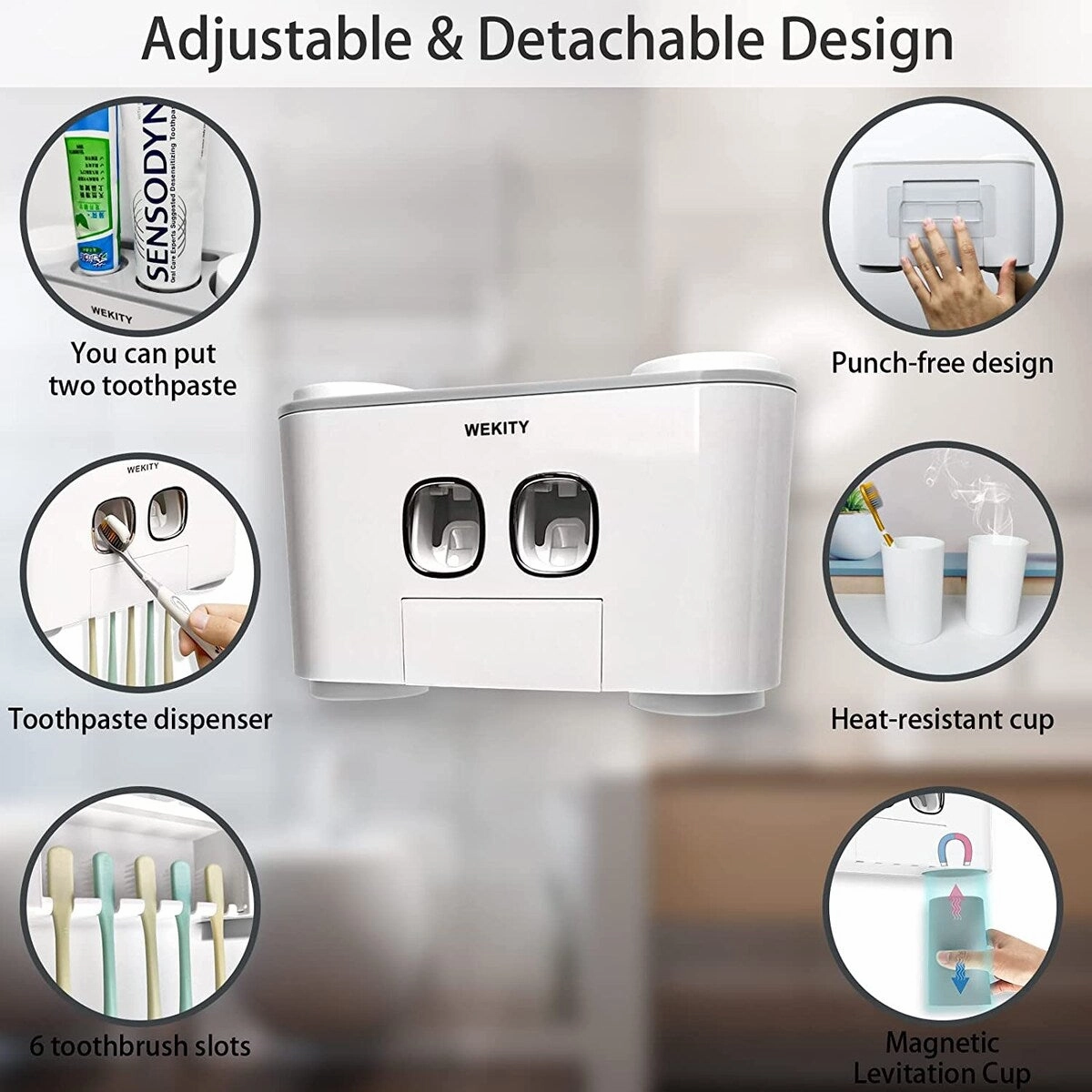 Toothbrush Holder Wall Mounted With 5 Toothbrush Slots, 2 Toothpaste Squeezers and 4 Cups(Grey) - Grey