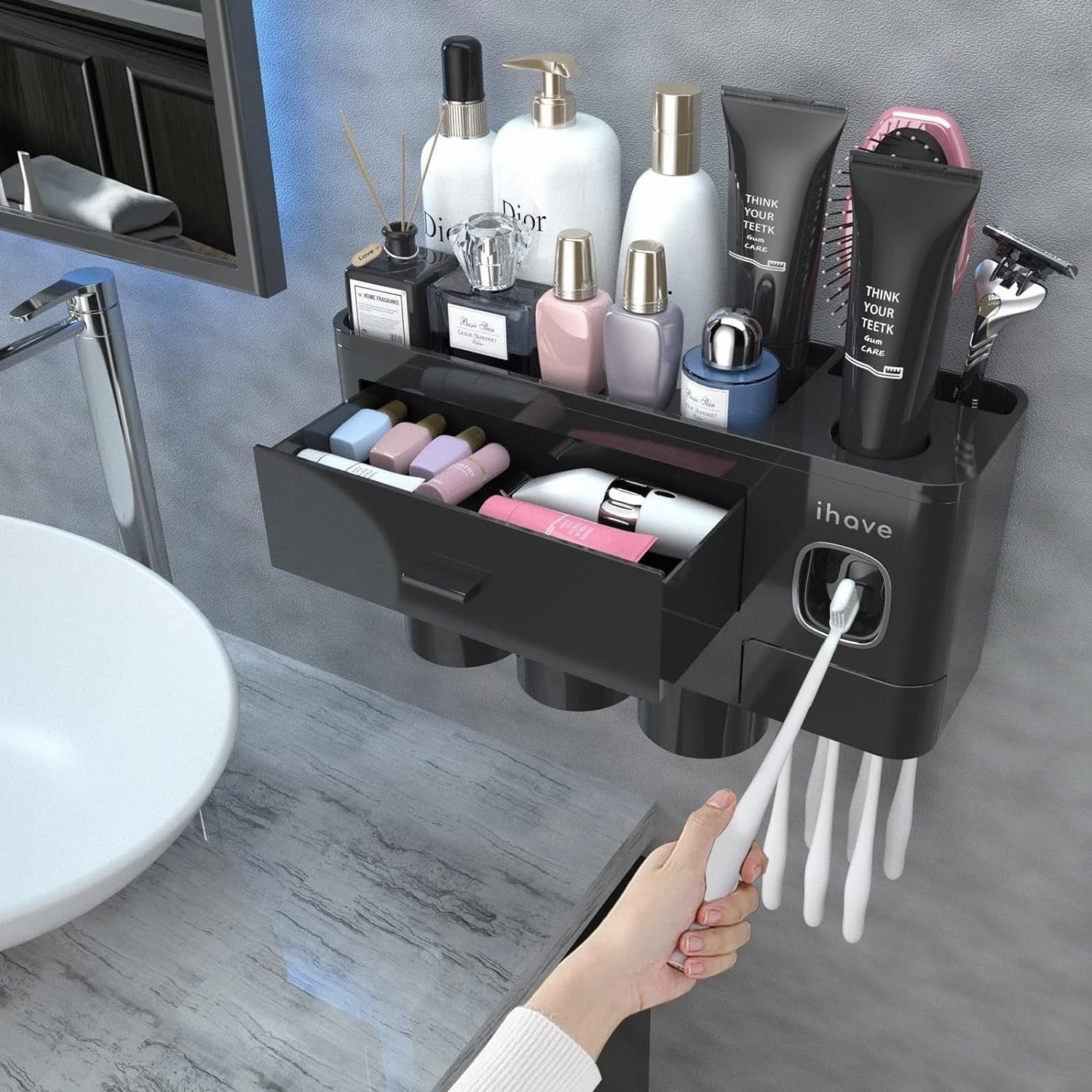 Toothbrush Holder Wall Mounted with Toothpaste Dispenser,Cosmetic Drawer