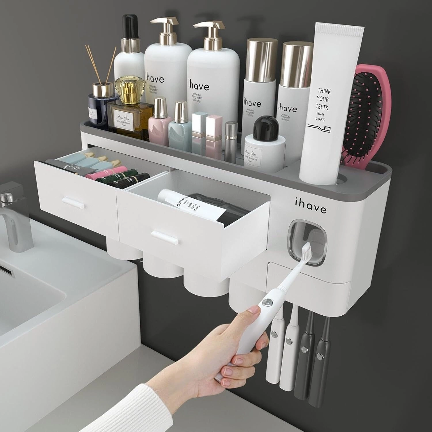 Toothbrush Holder Wall Mounted with Toothpaste Dispenser,Cosmetic Drawer