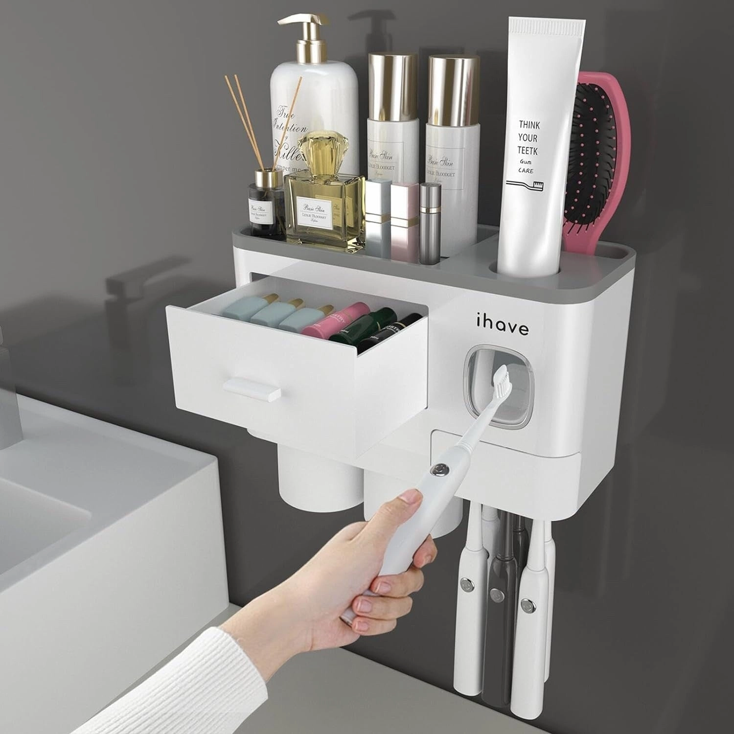 Toothbrush Holder Wall Mounted with Toothpaste Dispenser,Cosmetic Drawer