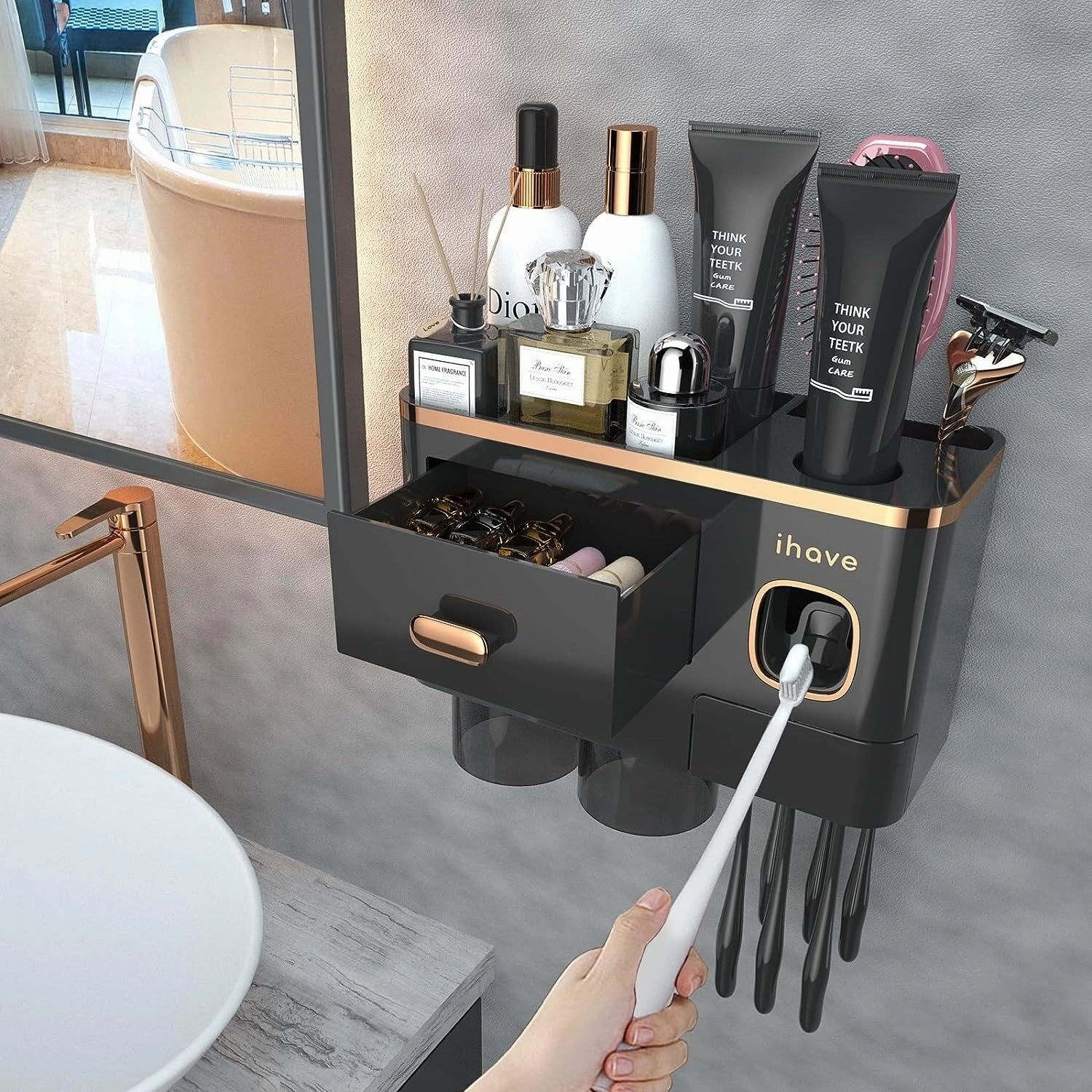 Toothbrush Holder Wall Mounted with Toothpaste Dispenser,Cosmetic Drawer