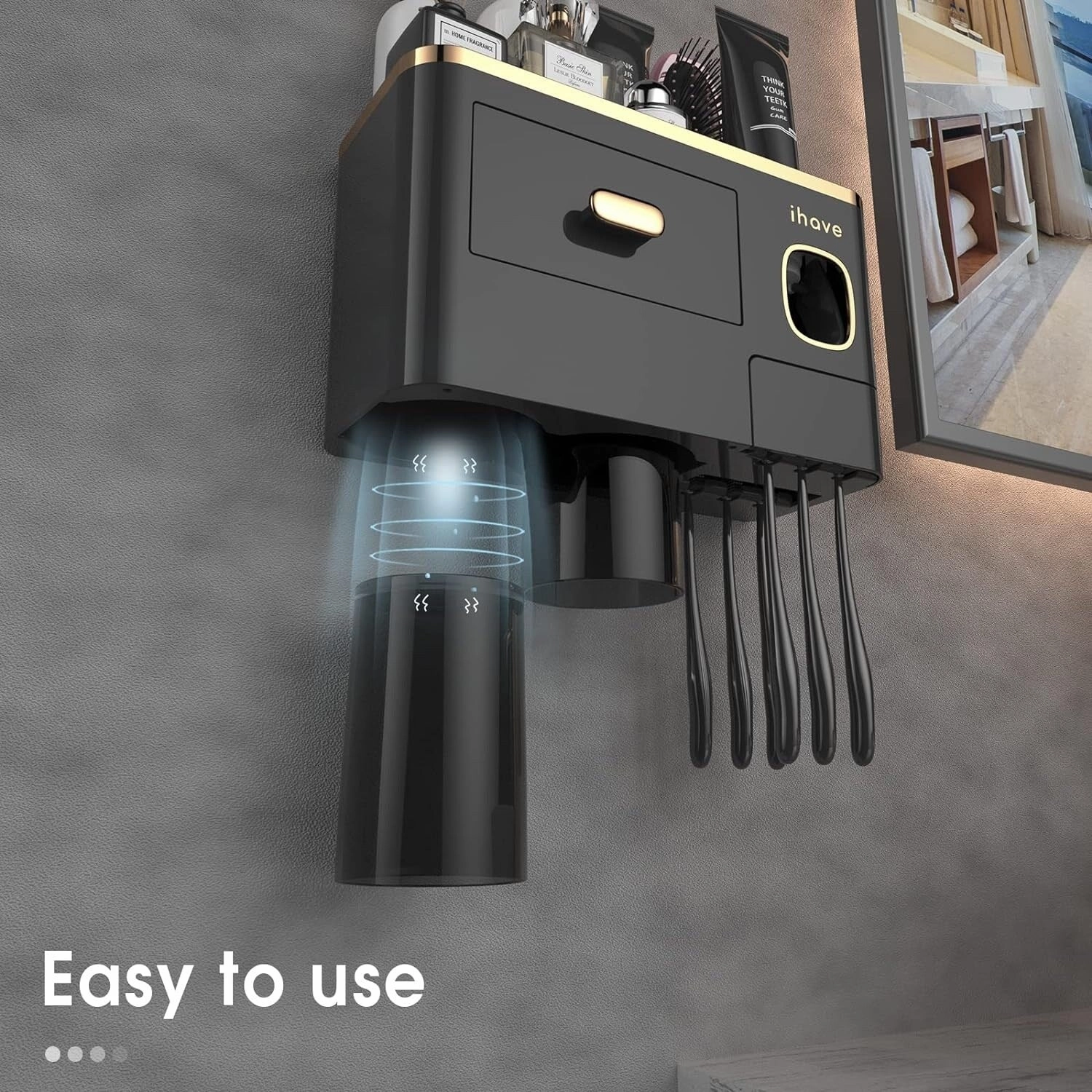 Toothbrush Holder Wall Mounted with Toothpaste Dispenser,Cosmetic Drawer